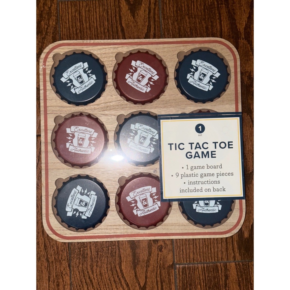 Tic Tac Toe Game Set Vintage Bottle Cap Style Wooden Board Navy Red 9 Piece